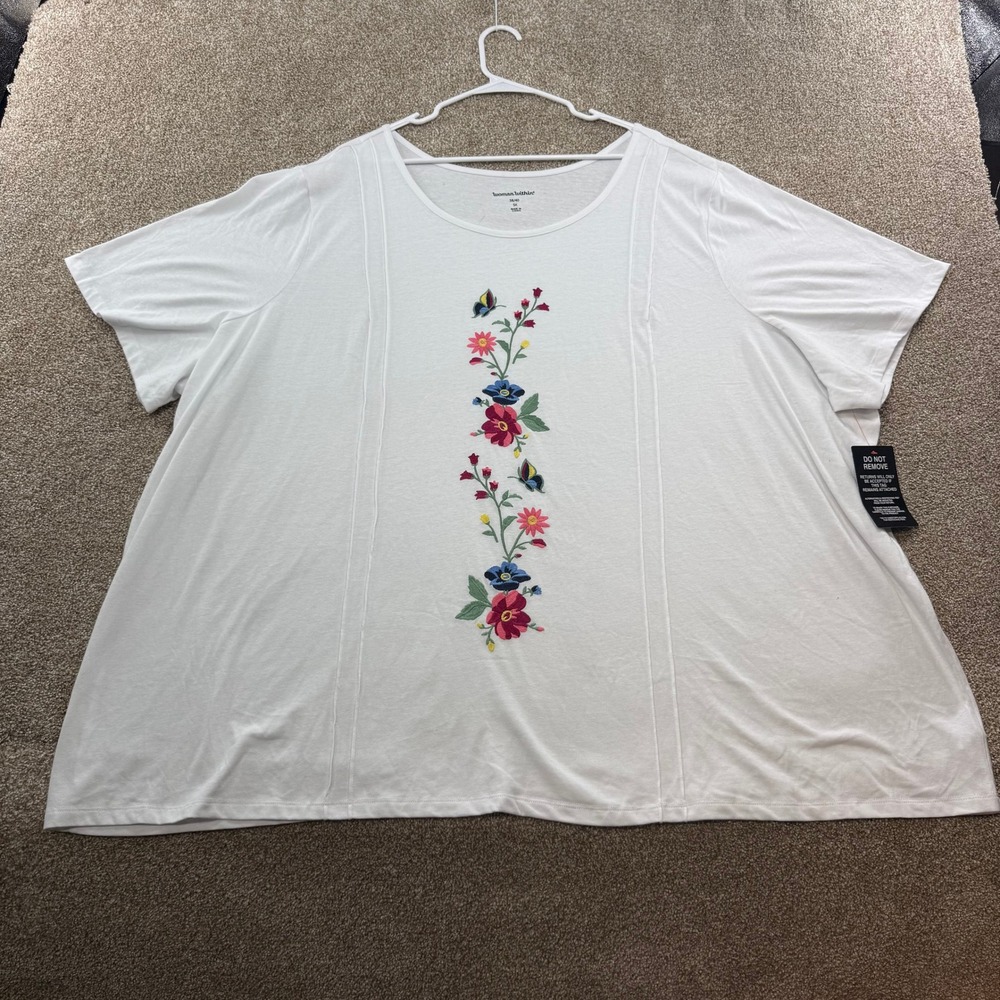 Woman Within Womens 5X White Floral Embroidered Short Sleeve T-Shirt Top 38/40